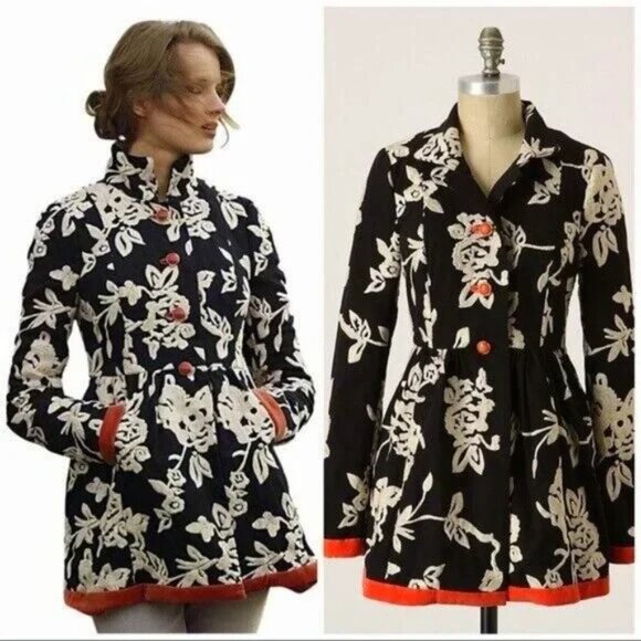 Plenty Tracy Reese Velvet Embroidered Jacket Crewel Princess Coat Flare